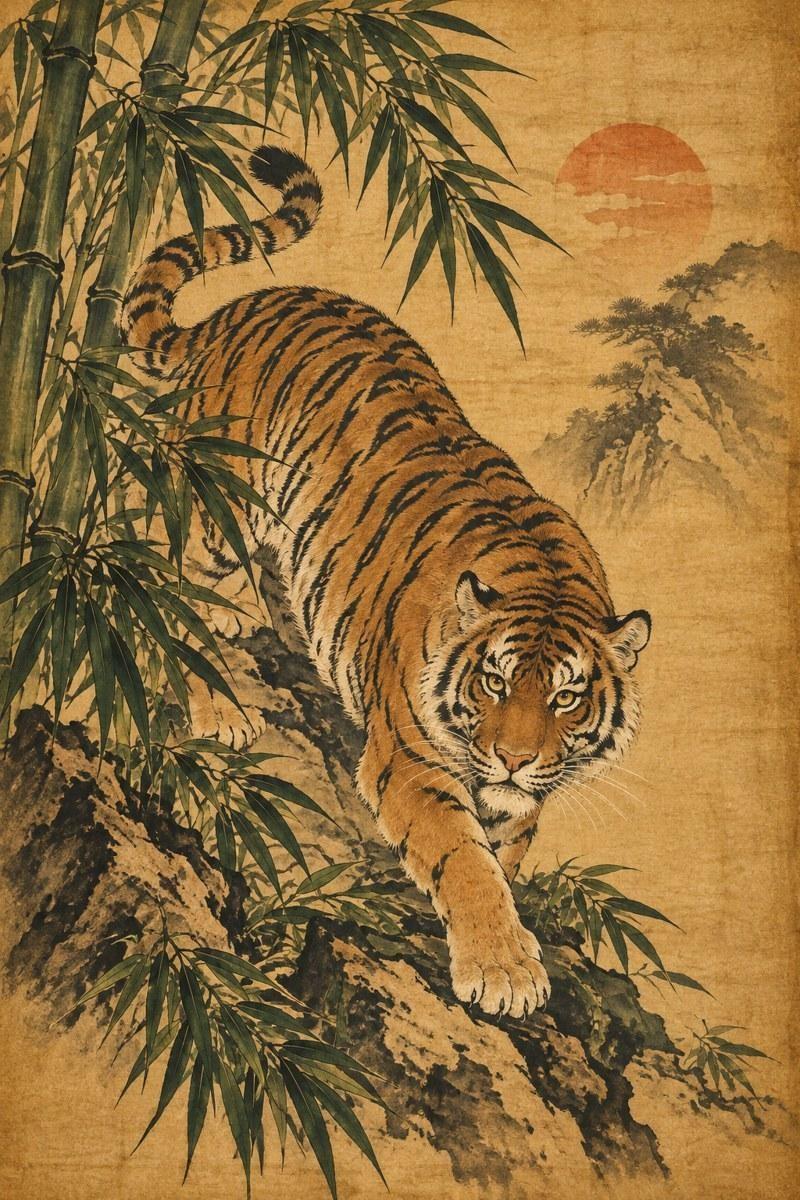Tiger in Bamboo Landscape Artwork - Small Wood Print