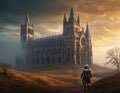 Knight Approaching Gothic Cathedral Landscape - Small Poster Print