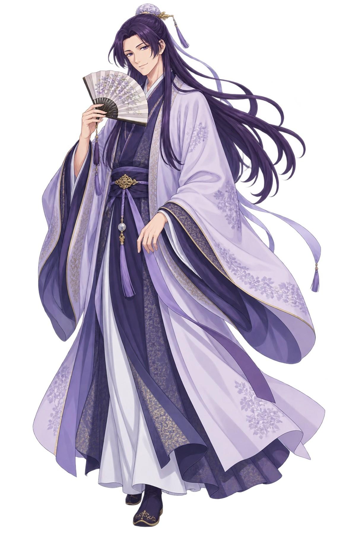 Purple Traditional Chinese Scholar Character Design with Folding Fan - Medium Laser Cut