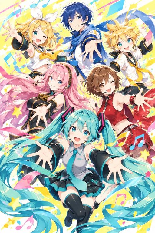 Vocaloid characters poster featuring Hatsune Miku, Kagamine Rin, Kagamine Len, Kaito, Megurine Luka, and Meiko - Large Poster Print