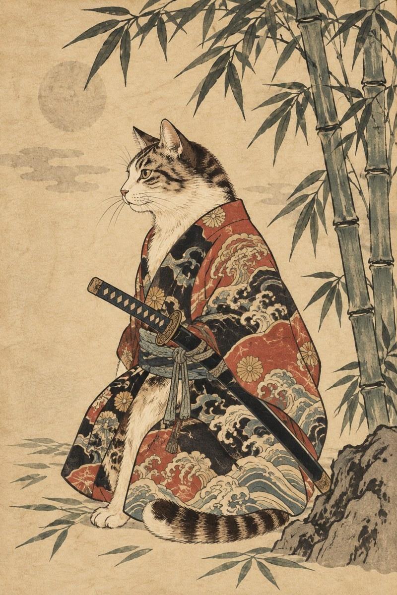 Samurai Cat by Bamboo Ukiyo-e Art - Small Wood Print