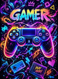 Neon Gamer Controller and Gaming Elements Poster Art - Small Wood Print