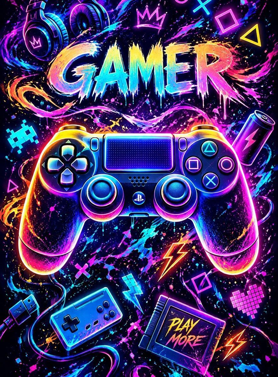 Neon Gamer Controller and Gaming Elements Poster Art - Small Wood Print