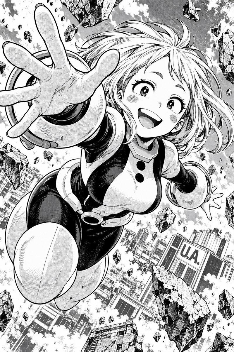 My Hero Academia Ochaco Uraraka Floating Action Manga Illustration - Small Wood Print