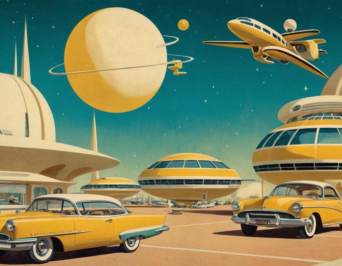 Retro Space Age Cityscape with Classic Cars and Spaceships - Small Poster Print