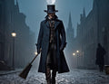 Victorian Gentleman with Shovel on Foggy Street - Small Poster Print