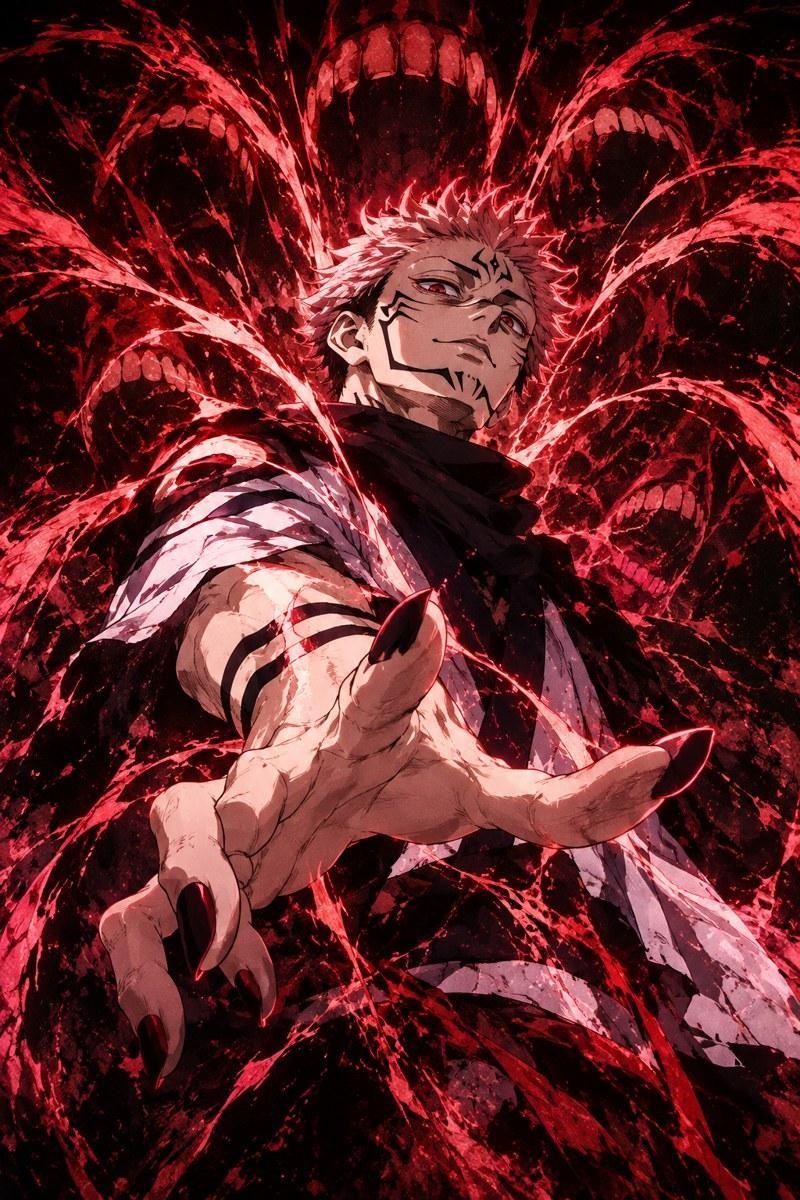 Jujutsu Kaisen Sukuna Red Energy Anime Artwork Poster - Small Wood Print