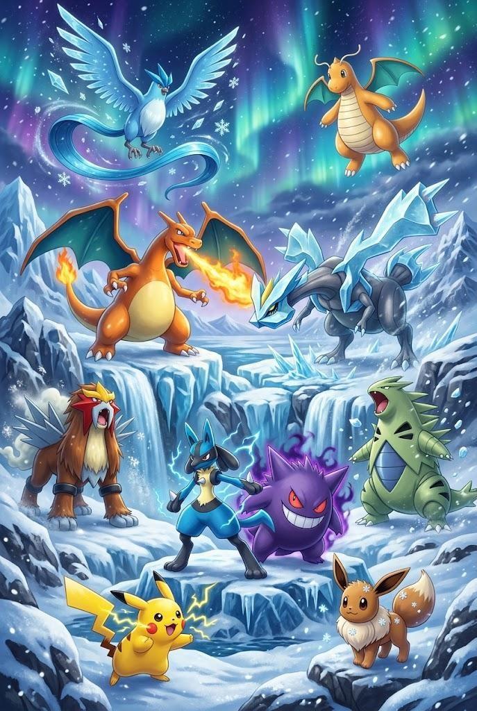 Pokemon Winter Wonderland Characters Art - Medium Wood Print