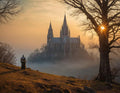 Knight and Gothic Cathedral Sunset Landscape - Medium Wood Print