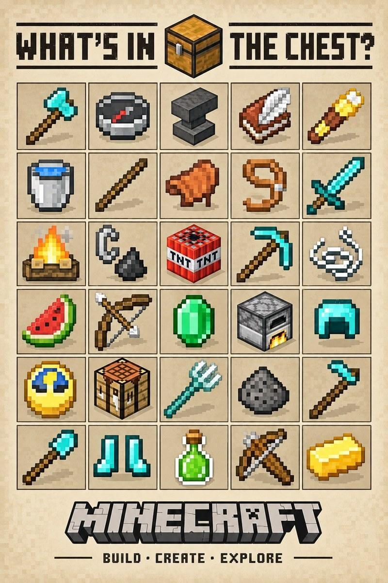 Minecraft Items and Tools Grid Art Print - Small Wood Print