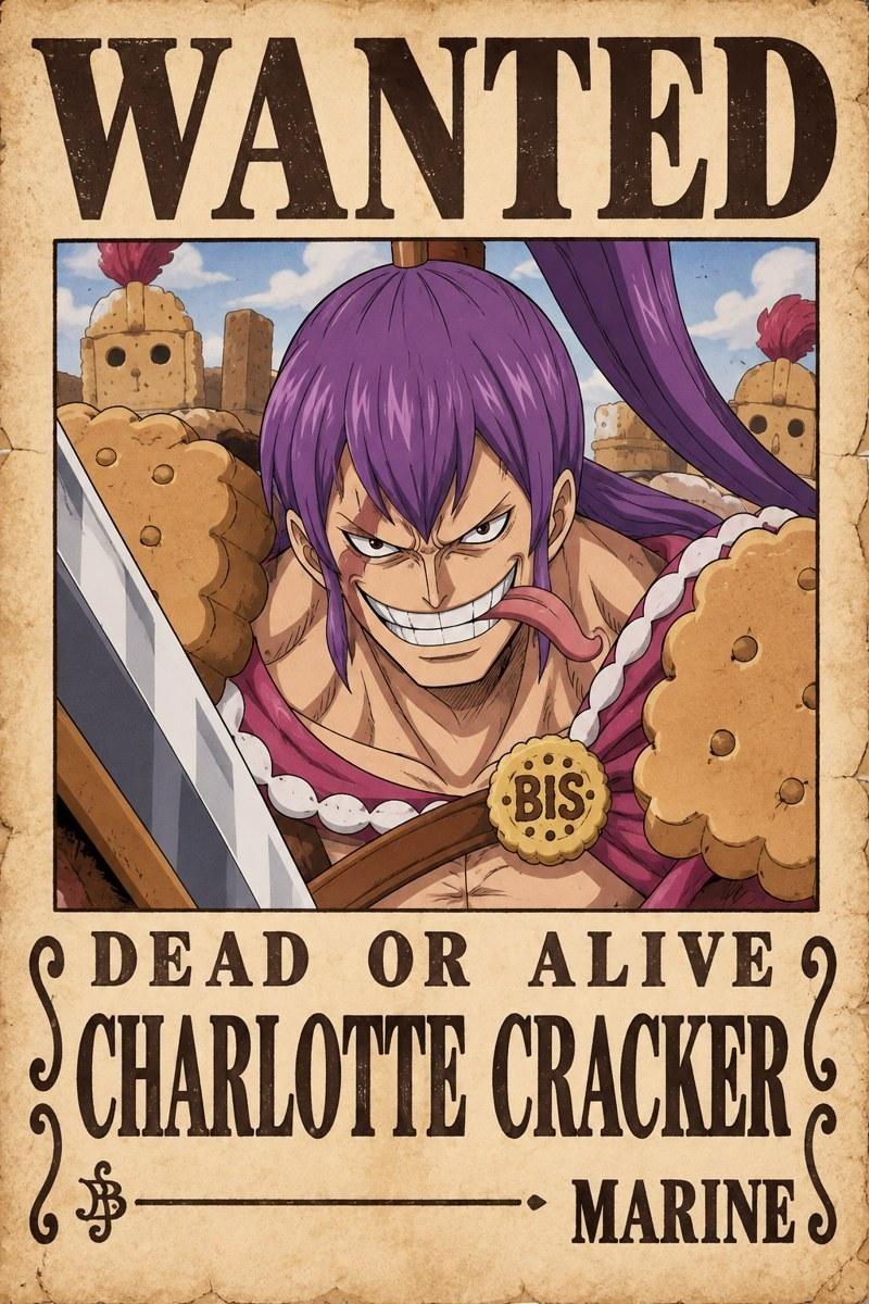 One Piece Charlotte Cracker Wanted Poster Art - Small Wood Print