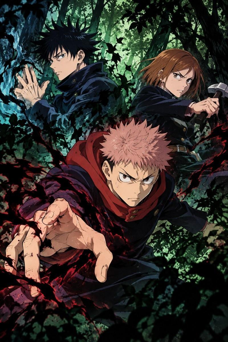 Jujutsu Kaisen Trio Forest Action Art - Small Wood Print