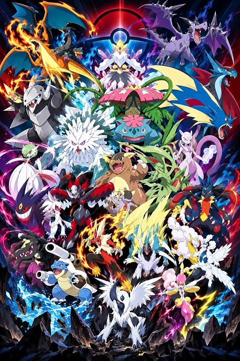Pokémon Mega Evolution Collage Art - Small Wood Print