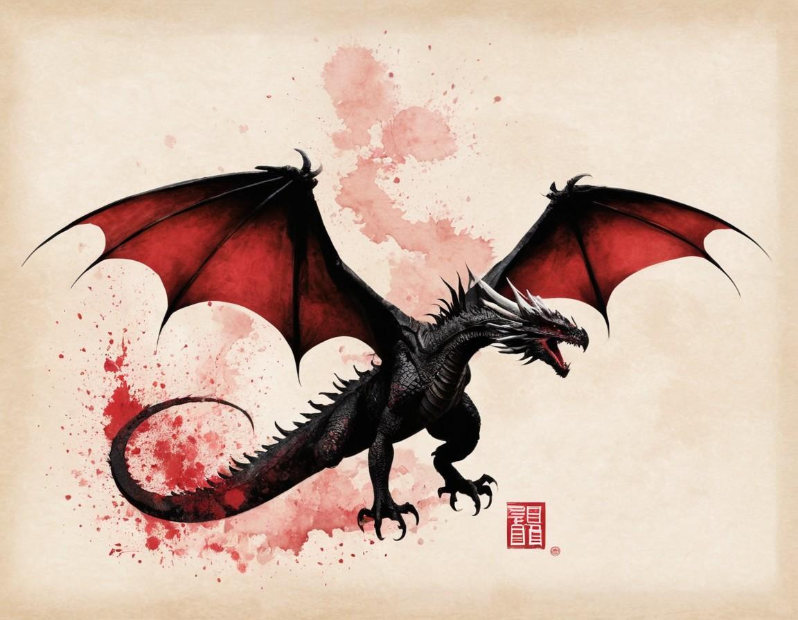 Red and Black Dragon Watercolor Illustration - Small Poster Print