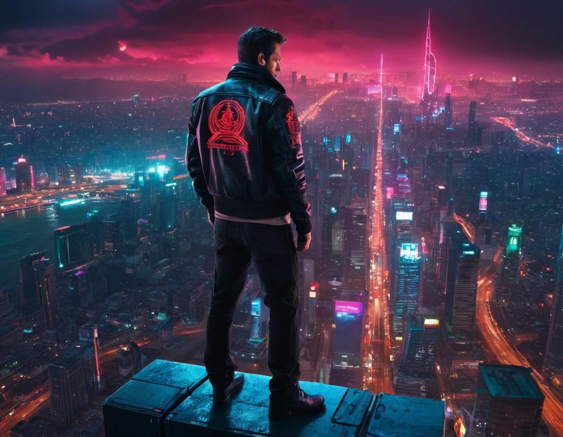 Cyberpunk City Skyline Rooftop Man View - Small Poster Print