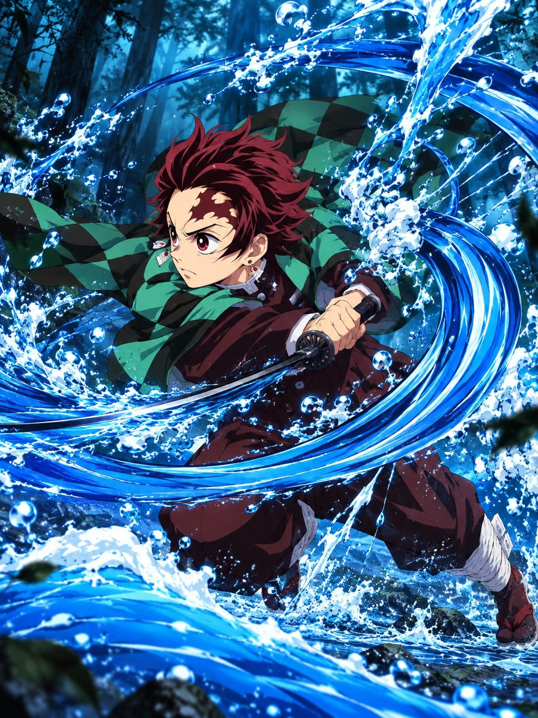 Demon Slayer Tanjiro Forest Water Crescent - Small Poster Print