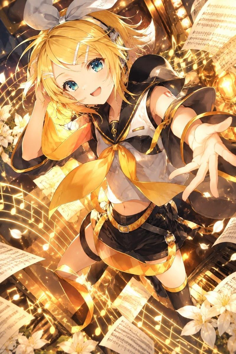Kagamine Rin Musical Theme Illustration - Small Wood Print