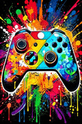 Colorful Paint Splash Gaming Controller Artwork - Small Wood Print