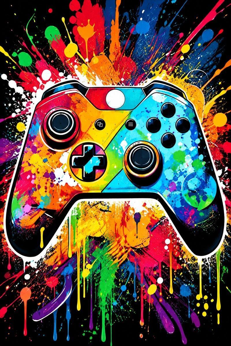 Colorful Paint Splash Gaming Controller Artwork - Small Wood Print
