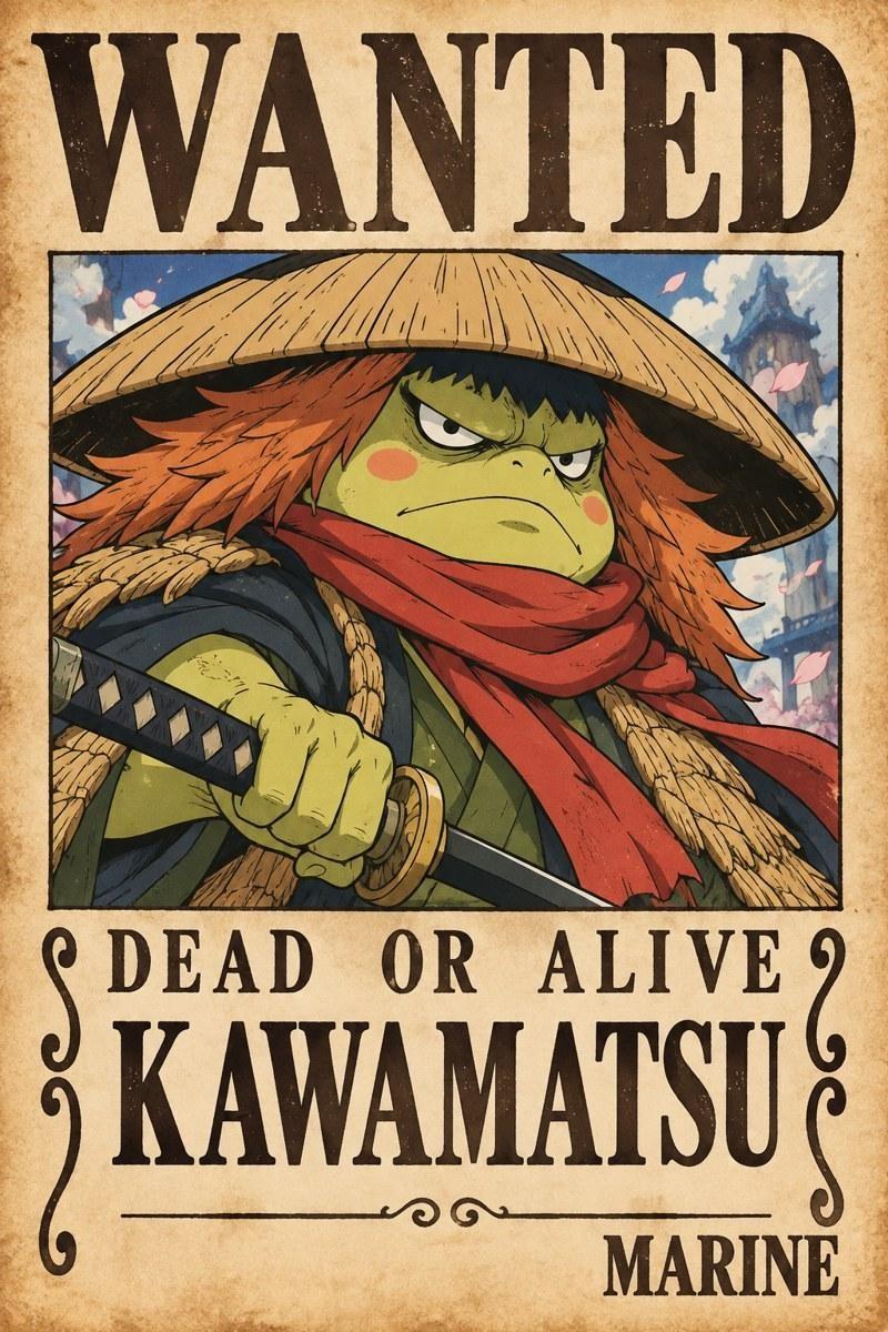 One Piece Kawamatsu Wanted Poster Art - Small Wood Print