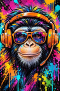 Colorful DJ Chimpanzee with Headset and Sunglasses - Small Wood Print