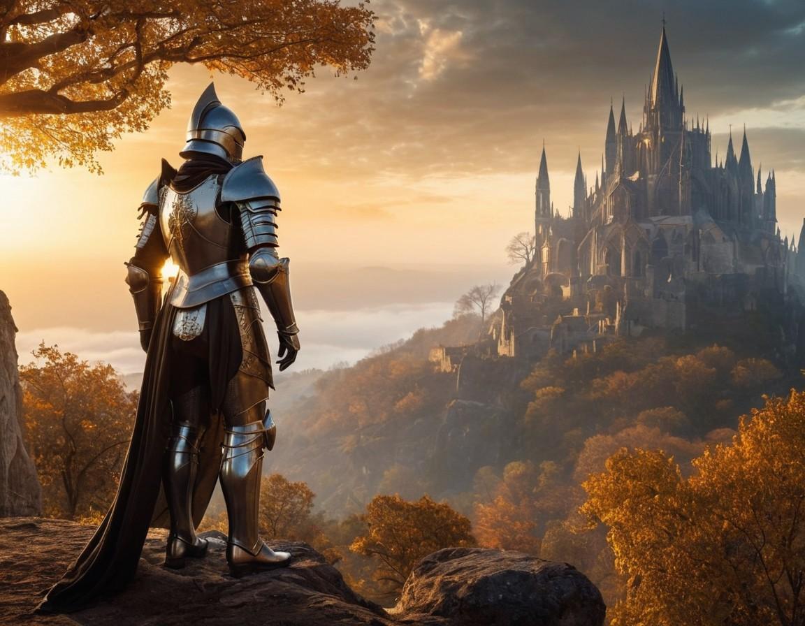 Knight Overlooking Gothic Castle in Autumn - Medium Wood Print