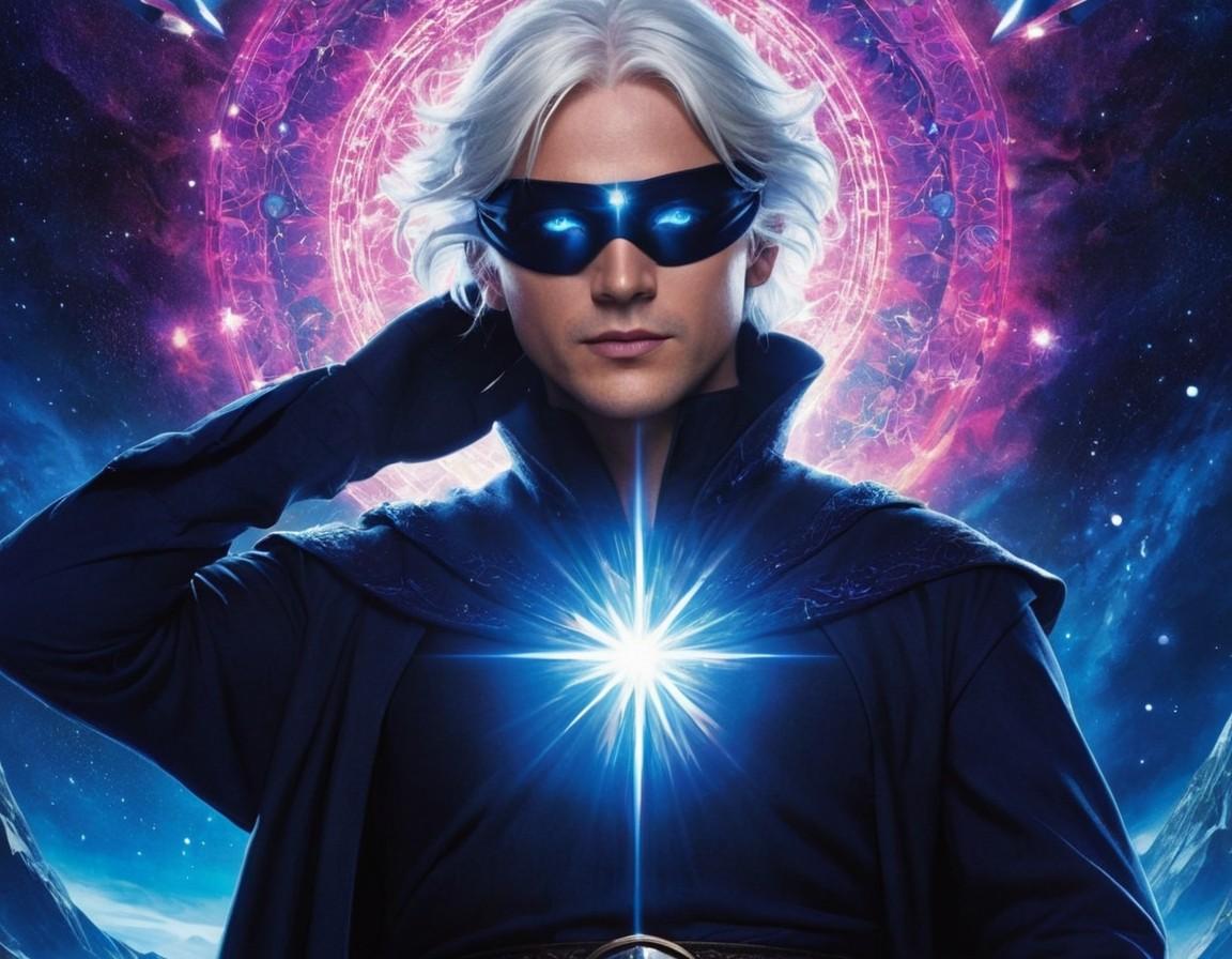 White-Haired Cosmic Hero with Glowing Blue Eyes and Stellar Emblem - Small Poster Print