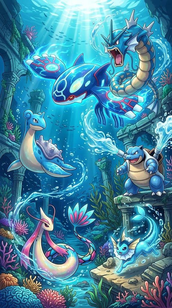 Underwater Pokémon Aquatic Creatures Illustration - Medium Wood Print