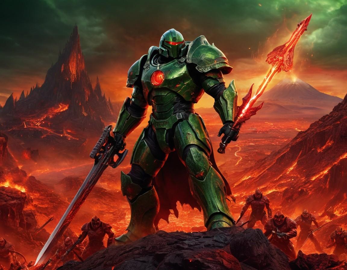 Green Armored Warrior in Volcanic Landscape - Small Poster Print