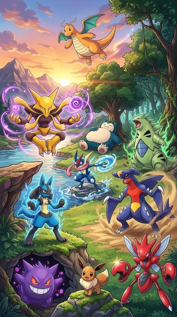Pokemon Landscape Group Art Print - Medium Wood Print