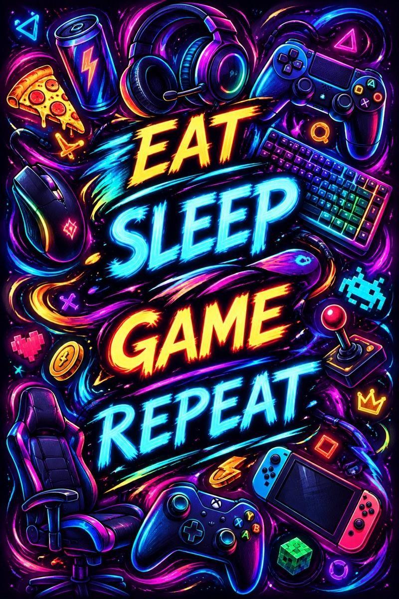 Neon Gamer Eat Sleep Game Repeat Poster - Small Wood Print