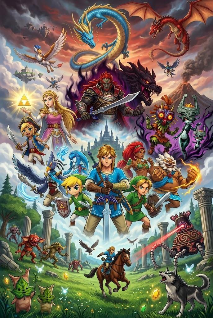 Legend of Zelda Fantasy Character Ensemble Illustration - Medium Wood Print