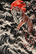 Japanese Tiger with Mount Fuji and Red Moon - Small Wood Print