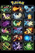 Pokemon Character Action Moves Grid Poster - Small Wood Print