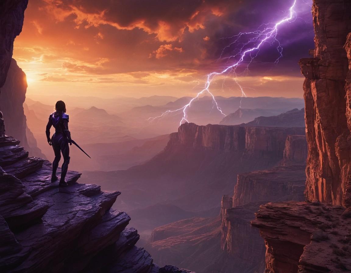 Armored Warrior Overlooking Canyon with Lightning - Small Poster Print