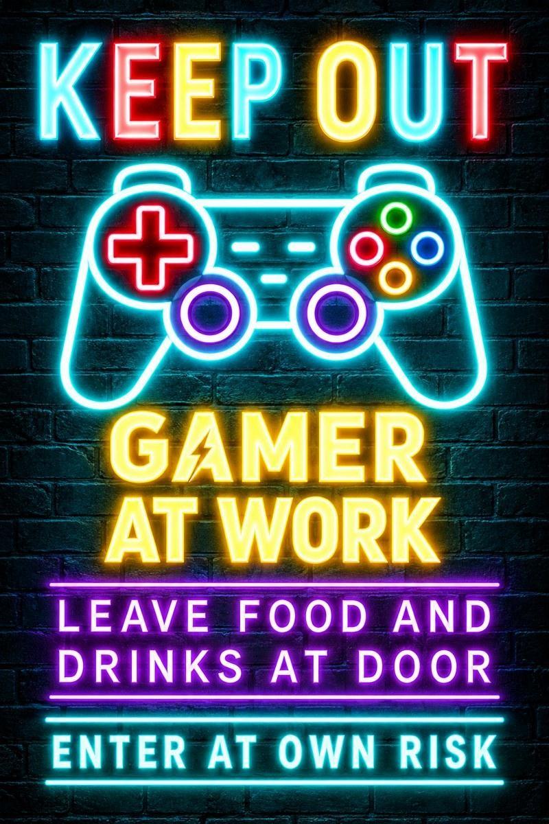 Gamer At Work Neon Sign - Small Wood Print