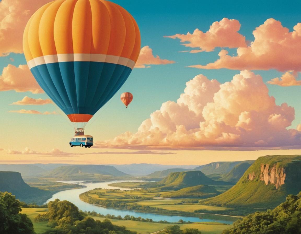 Hot Air Balloon with Van Basket over River Valley Landscape - Small Poster Print