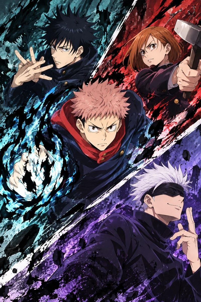 Jujutsu Kaisen Character Trio and Mentor - Small Wood Print