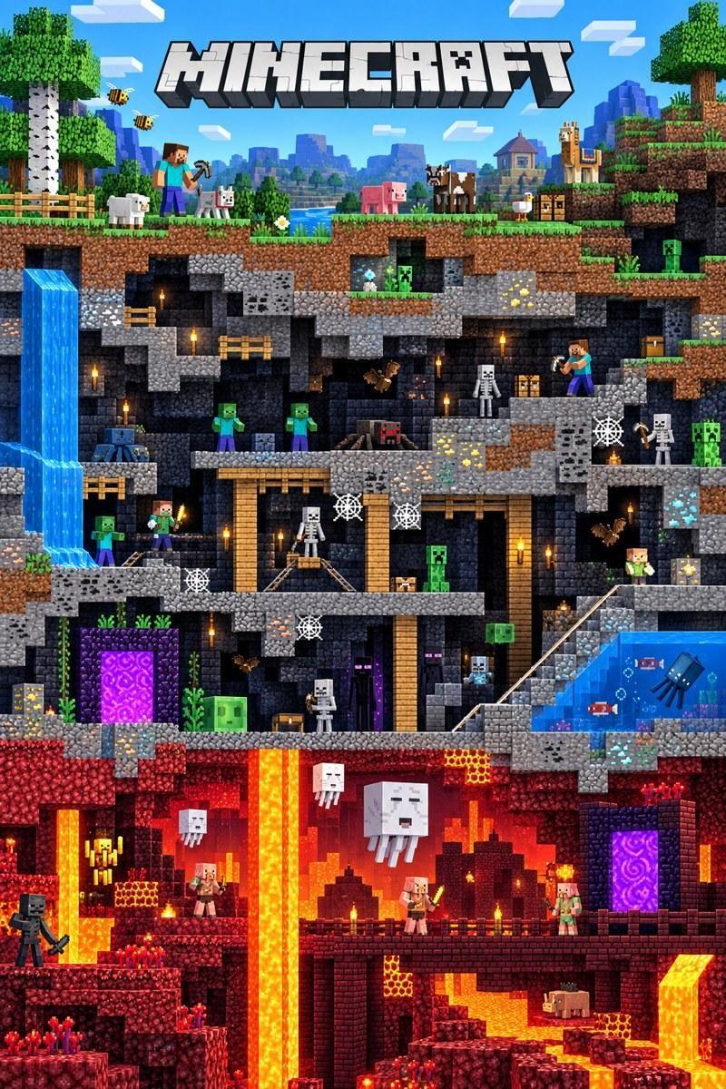 Minecraft Overworld and Nether Underground Scene - Small Wood Print
