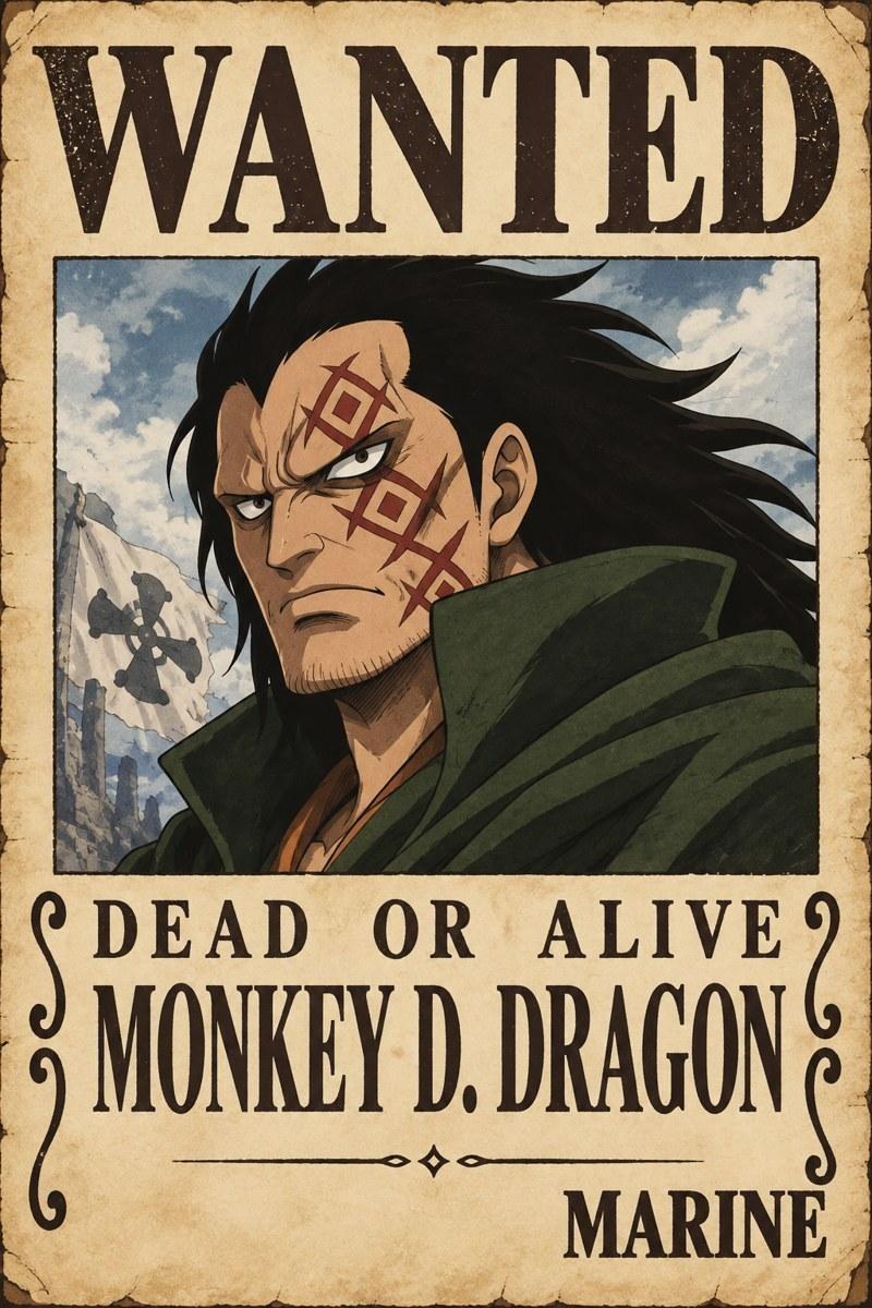 One Piece Monkey D. Dragon Wanted Poster Artwork - Small Wood Print