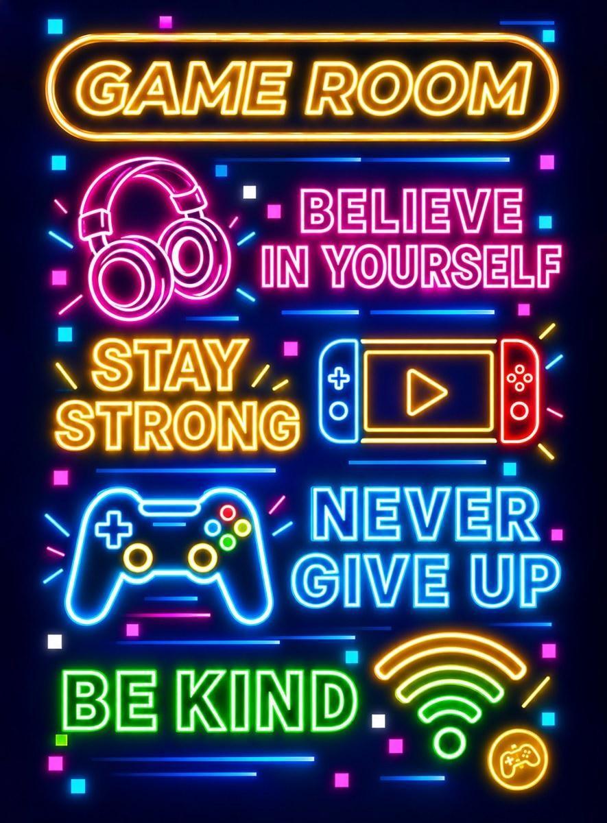 Neon Game Room Motivational Signs Art - Small Wood Print