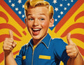 Retro Boy Giving Double Thumbs Up with Patriotic Background - Small Poster Print