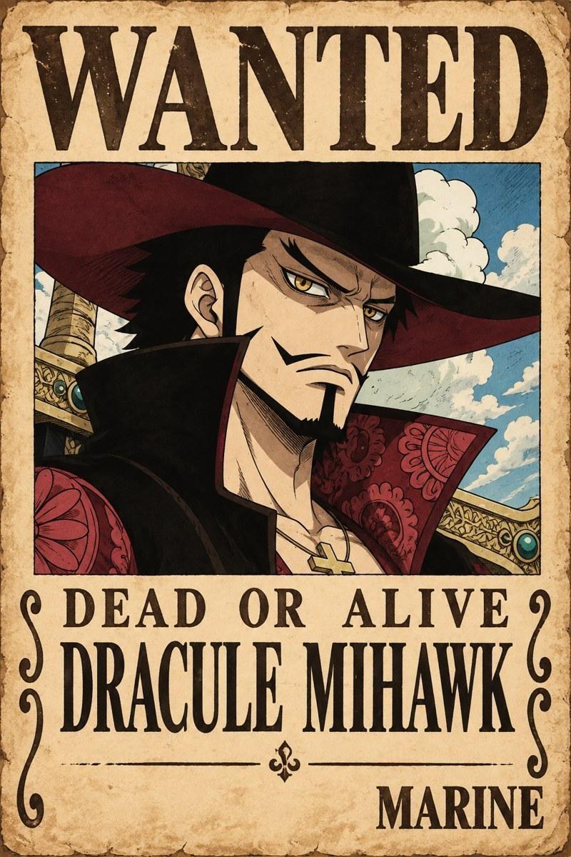 Dracule Mihawk Wanted Poster - Small Wood Print