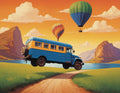 Floating Blue and Yellow Bus Landscape Art Print - Small Poster Print