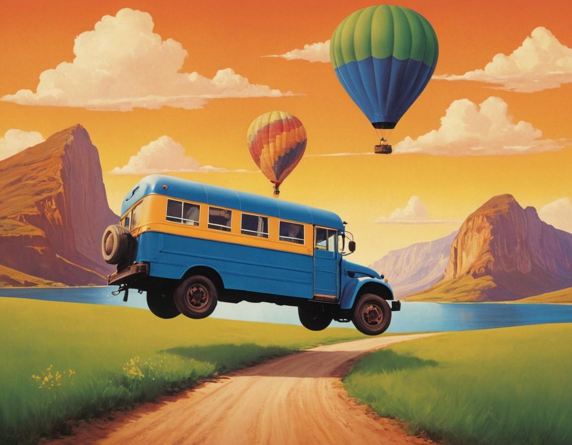 Floating Blue and Yellow Bus Landscape Art Print - Small Poster Print