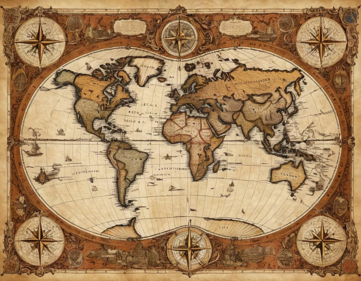 Vintage Style World Map with Compass Roses - Small Poster Print