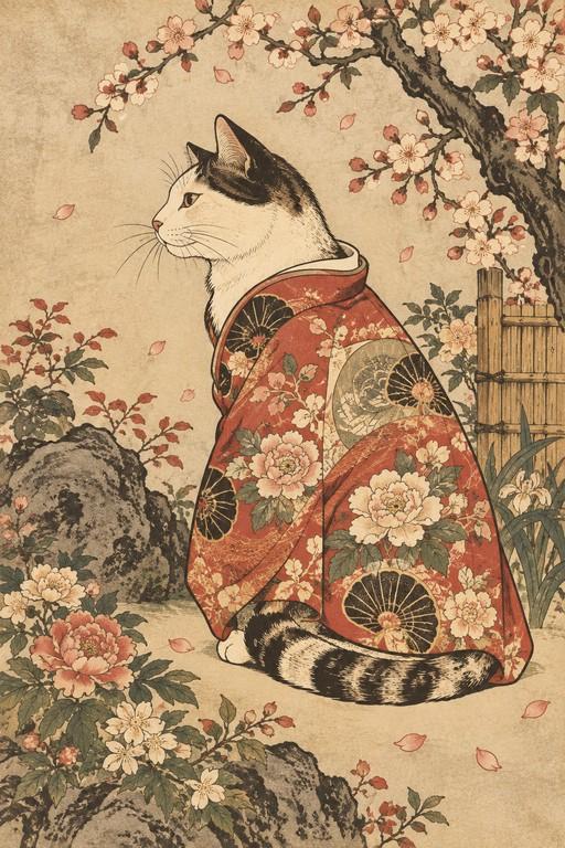 Cat in Kimono - Small Wood Print