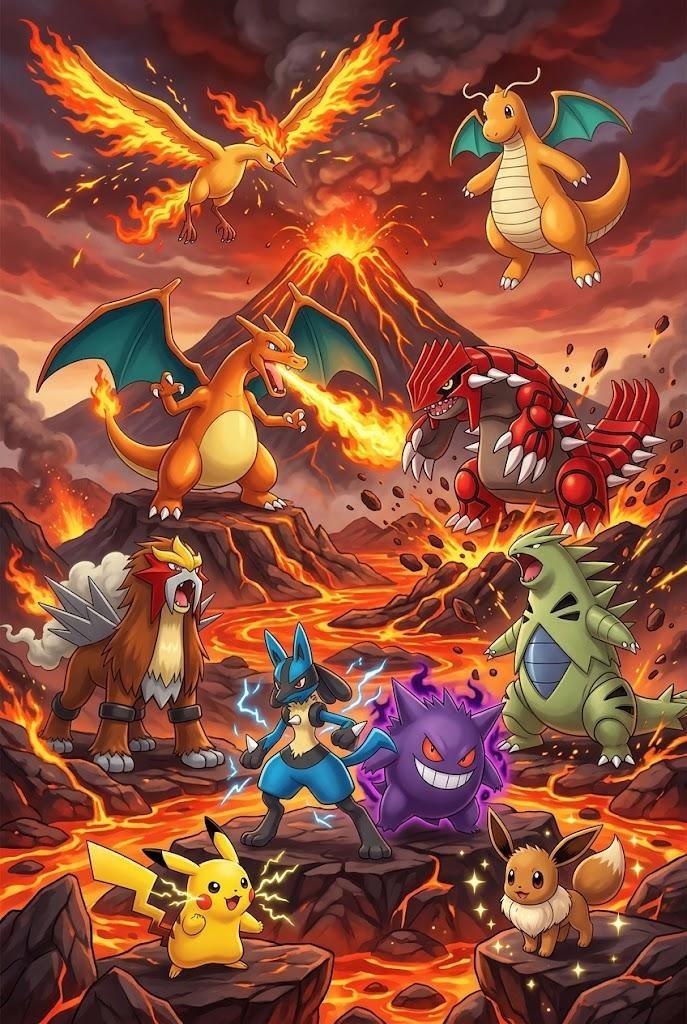 Pokemon Volcano Battle Art Print - Medium Wood Print