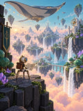 Floating islands fantasy landscape with robot explorer - Large Poster Print