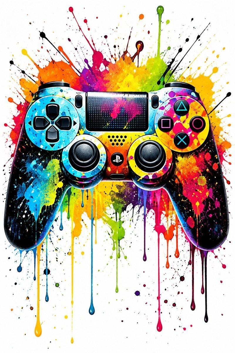 PlayStation 4 Controller Watercolor Paint Splatter Artwork - Small Wood Print